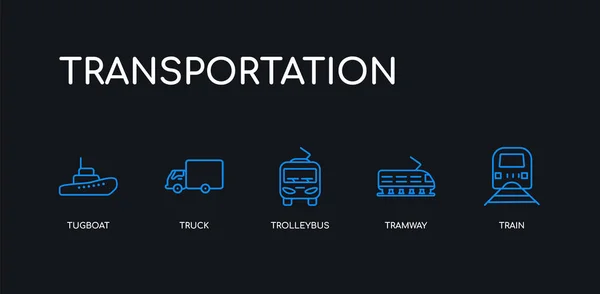 5 Umrisse Strich blauer Zug, Straßenbahn, Obus, LKW, Schlepper Symbole aus Transport Sammlung auf schwarzem Hintergrund. Linie editierbare lineare dünne Symbole. — Stockvektor