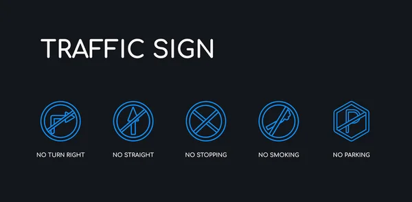 5 obrysový tah modrý bez parkování, bez kouření, bez zastavení, přímé, odbočte pravé ikony ze sběru dopravního znaku na černém pozadí. Spojnicový upravitelný lineární tenký panel. — Stockový vektor