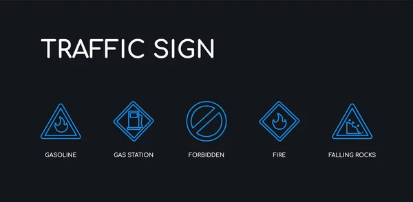 5 zarys skoku niebieskie opadające skały, ogień, zabronione, stacja benzynowa, ikony benzyny z kolekcji znak drogowy na czarnym tle. liniowe cienkie ikony edytowalne liniowo. — Wektor stockowy