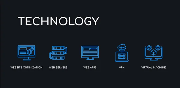 5 轮廓笔画蓝色虚拟机，vpn，Web应用程序，Web服务器，网站优化图标从技术集合在黑色背景。行可编辑线性细图标. — 图库矢量图片