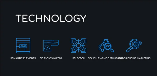 5 contorno corsa blu motore di ricerca di marketing, ottimizzazione dei motori di ricerca, selettore, tag auto-chiusura, elementi semantici icone della collezione di tecnologia su sfondo nero. linea lineare modificabile — Vettoriale Stock