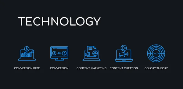 5 umreißen die blaue Farbenlehre, die Kuratierung von Inhalten, Content Marketing, Konvertierung, Konvertierungsrate-Optimierung-Symbole aus der Technologie-Sammlung auf schwarzem Hintergrund. Linie editierbar linear dünn — Stockvektor