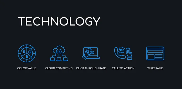 5 Outline stroke blue wireframe, call to action, click through rate, cloud computing, color value icons from technology collection on black background. ikon linear tipis yang dapat disunting . Grafik Vektor