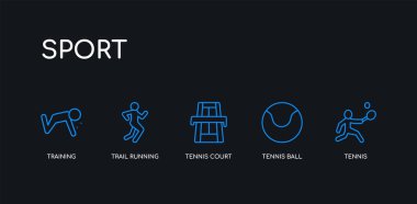 5 anahat vuruş mavi tenis, tenis topu, tenis kortu, iz koşu, siyah arka plan üzerinde spor koleksiyonundan eğitim simgeleri. çizgi düzenlenebilir doğrusal ince simgeler.