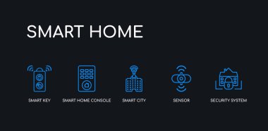 5 anahat vuruş mavi güvenlik sistemi, sensör, akıllı şehir, akıllı ev konsolu, siyah arka plan üzerinde ev koleksiyonundan akıllı anahtar simgeleri. çizgi düzenlenebilir doğrusal ince simgeler.