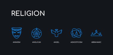 5 anahat inme mavi ibrahimic, agnostisizm, melek, anglikan, siyah arka plan üzerinde din koleksiyonundan animism simgeleri. çizgi düzenlenebilir doğrusal ince simgeler.