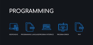 5 anahat vuruş mavi php, program hatası, program arayüzü, programlama dili, siyah arka plan üzerinde programlama koleksiyonundan duyarlı simgeler. çizgi düzenlenebilir doğrusal ince simgeler.