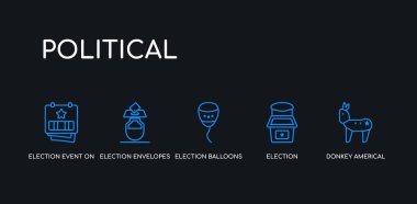 5 anahat inme mavi eşek americal siyasi, seçim, seçim balonları çift, seçim zarfları ve kutu, siyah arka plan siyasi koleksiyondan yıldız simgeleri ile bir takvim üzerinde olay.