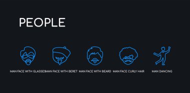 5 anahat inme mavi adam dans, adam yüz kıvırcık saç ve bıyık, sakallı adam yüzü, bere ve keçi sakallı yüz, gözlük ve siyah arka plan üzerinde insanların koleksiyon keçi sakali simgeleri ile. Satır