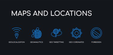 5 anahat kontur mavi yasak, jeo kordin, geo targetting, geoanalytics, harita ve siyah arka plan üzerinde konumkoleksiyonu ndan geolocalization simgeler. çizgi düzenlenebilir doğrusal ince simgeler.