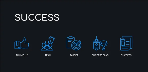 5 contorno tratto blu successo, bandiera di successo, obiettivo, squadra, pollice su icone dalla collezione di successo su sfondo nero. linea modificabile icone sottili lineari . — Vettoriale Stock