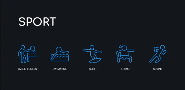 5 Outline stroke kék sprint, szumó, szörf, úszás, asztalitenisz ikonok sport gyűjtemény fekete háttér. vonal szerkeszthető lineáris vékony ikonok. — Stock Vector