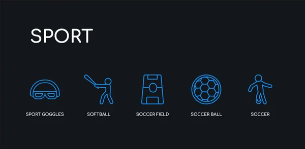 5 outline stroke blue soccer, soccer ball, soccer field, softball, sport goggles icons from sport collection on black background. line editable linear thin icons. — Stock Vector