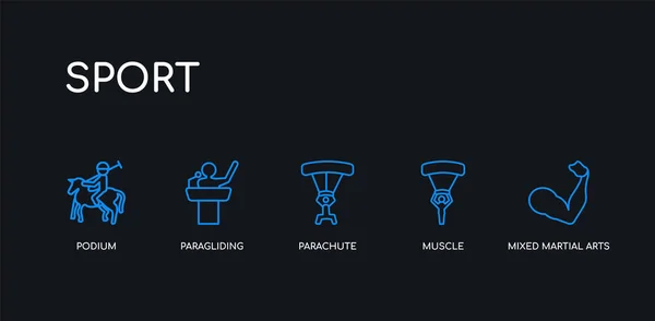5 Umrisse Schlaganfall blau gemischte Kampfkunst, Muskeln, Fallschirm, Gleitschirmfliegen, Podiumsymbole aus der Sportkollektion auf schwarzem Hintergrund. Linie editierbare lineare dünne Symbole. — Stockvektor