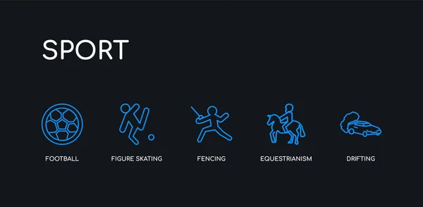5 körvonal körvonal kék sodródó, equestrianism, vívás, műkorcsolya, foci ikonok sport gyűjtemény fekete háttér. vonal szerkeszthető lineáris vékony ikonok. — Stock Vector