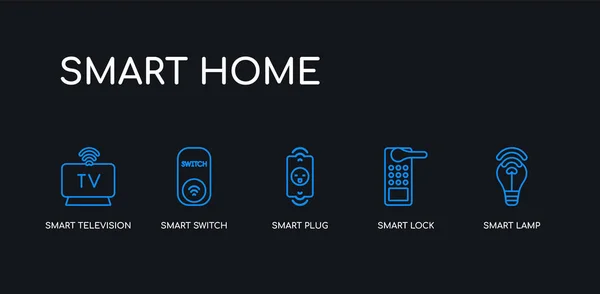 5轮廓笔触蓝色智能灯，智能锁，智能插头，开关，电视图标从家庭收集的黑色背景。行可编辑线性细图标. — 图库矢量图片