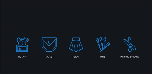 5 umrissene blaue Pinselscheren, Stecknadeln, Falten, Tasche, rotierende Symbole aus der Nähkollektion auf schwarzem Hintergrund. Linie editierbare lineare dünne Symbole. — Stockvektor