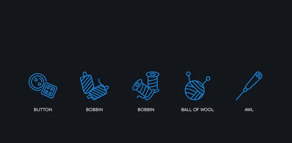 5 контур штрих синий шило, шар шерсти, bobbin, bobbin, иконки кнопок из коллекции шитья на черном фоне. отредактируемые линейные тонкие значки . — стоковый вектор