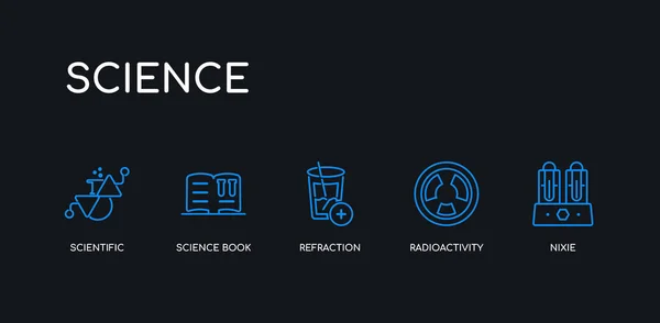 5 контурних штрихів блакитної ніші, радіоактивність, заломлення, наукова книга, наукові іконки з наукової колекції на чорному тлі. лінійно-редаговані лінійні тонкі піктограми . — стоковий вектор