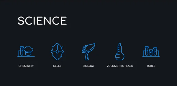 5 contours tubes bleus, fiole volumétrique, biologie, cellules, icônes de chimie de la collection scientifique sur fond noir. icônes minces linéaires modifiables en ligne . — Image vectorielle