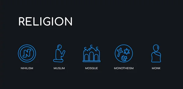 5 контур мазка синий монах, монотеизм, мечеть, мусульмане, нигилизм иконы из коллекции религий на черном фоне. отредактируемые линейные тонкие значки . — стоковый вектор