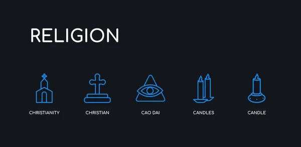 5 контур штрих голубой свечи, свечи, Цао дай, христианство иконы из коллекции религий на черном фоне. отредактируемые линейные тонкие значки . — стоковый вектор