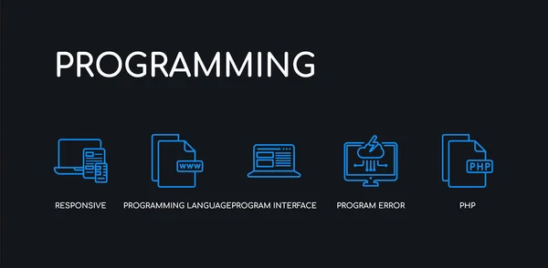 5アウトラインストロークブルーPHP、プログラムエラー、プログラムインターフェイス、プログラミング言語、黒の背景上のプログラミングコレクションからの応答性のアイコン。線編集可能な線形薄いアイコン. — ストックベクタ