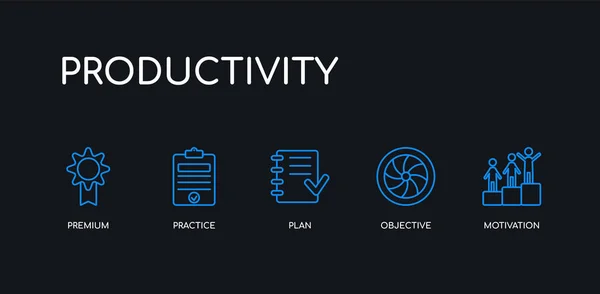 5 contorno del trazo azul motivación, objetivo, plan, práctica, iconos premium de la colección de productividad sobre fondo negro. línea editable lineal delgada iconos . — Vector de stock
