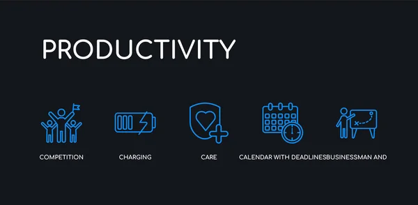 5 контур мазка синий бизнесмен и тактика, календарь с крайними сроками, забота, зарядка, иконки конкуренции от сбора производительности на черном фоне. отредактируемые линейные тонкие значки . — стоковый вектор