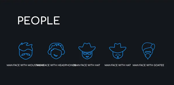 5 contorno trazo azul hombre cara con perilla, hombre cara con sombrero, hombre cara con sombrero y gafas de sol, auriculares, iconos bigote de la colección de personas en fondo negro. línea editable lineal delgada — Vector de stock