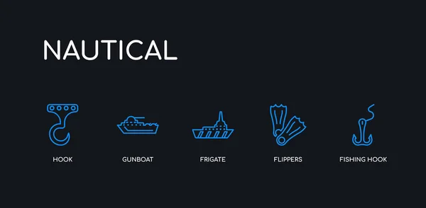 5 umrissene blaue Angelhaken, Flossen, Fregatte, Kanonenboot, Hakensymbole aus der nautischen Sammlung auf schwarzem Hintergrund. Linie editierbare lineare dünne Symbole. — Stockvektor