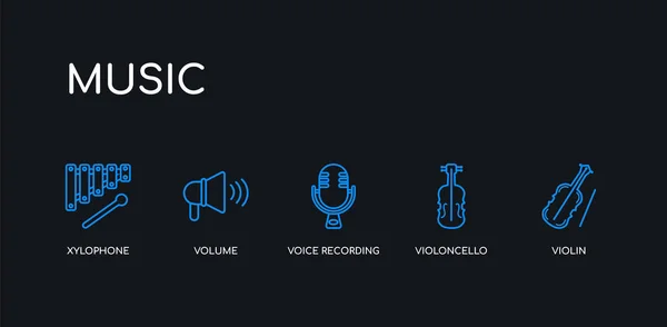 5 contorno trazo violín azul, violonchelo, grabación de voz, volumen, iconos xilófono de la colección de música sobre fondo negro. línea editable lineal delgada iconos . — Vector de stock