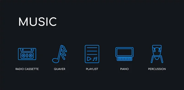 5 vázlatos stroke kék ütőhangszerek, zongora, lejátszási lista, quaver, rádió kazetta ikonok zenei gyűjtemény fekete háttér. vonal szerkeszthető lineáris vékony ikonok. — Stock Vector