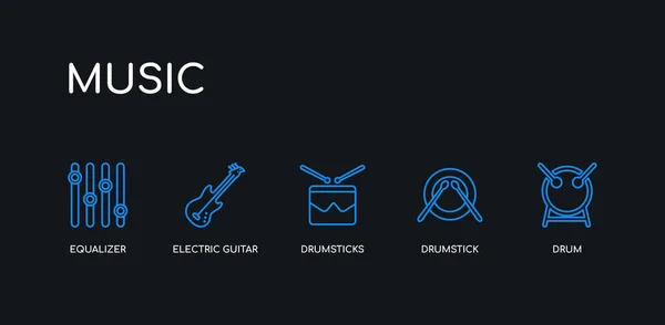 5 контурних синіх барабанів, барабанні палички, електрична гітара, піктограми еквалайзера з колекції музики на чорному тлі. лінійно-редаговані лінійні тонкі піктограми . — стоковий вектор