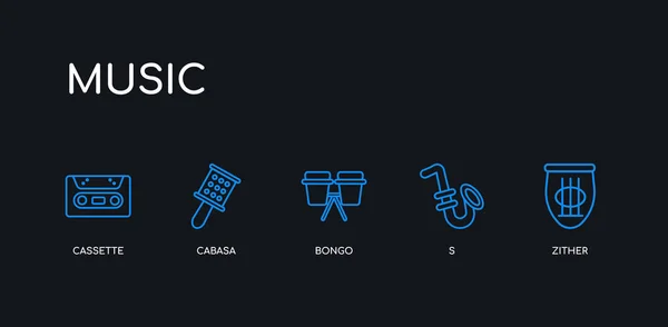 5 Outline stroke kék citera, s, Bongo, cabasa, kazetta ikonok zenei gyűjtemény fekete háttér. vonal szerkeszthető lineáris vékony ikonok. — Stock Vector