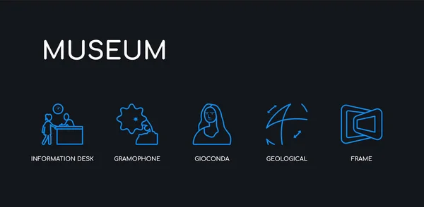 5アウトラインストロークブルーフレーム、地質学、ジオコンダ、蓄音機、黒の背景に博物館コレクションからのインフォメーションデスクのアイコン。線編集可能な線形薄いアイコン. — ストックベクタ