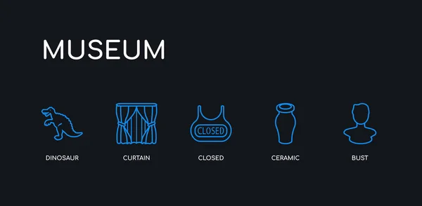 5 obrysů modrá zátah, keramika, uzavřená, opona, ikony dinosaurů od sbírky muzea na černém pozadí. Spojnicový upravitelný lineární tenký panel. — Stockový vektor
