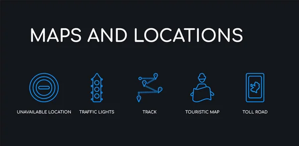 5 trazo contorno azul autopista de peaje, mapa turístico, pista, semáforos, iconos de ubicación no disponibles de mapas y la colección de ubicaciones en fondo negro. línea editable lineal delgada iconos . — Vector de stock