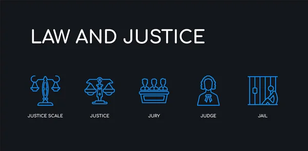 5 outline stroke blue jail, judge, jury, justice, justice scale icons from law and justice collection on black background. line editable linear thin icons. — Stock Vector