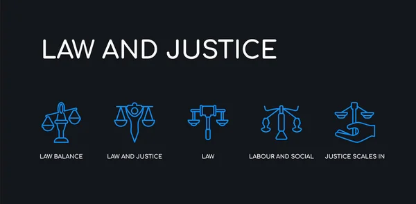 5 outline stroke blue justice scales in hand, labour and social law, law, law and justice, balance icons from and justice collection on black background. line editable linear thin icons. — Stock Vector