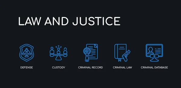5大纲笔触蓝色犯罪数据库，刑法，犯罪记录，羁押，辩护图标从法律和正义收集黑色背景。行可编辑线性细图标. — 图库矢量图片