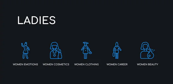 5 contorno tratto blu donne bellezza, donne carriera, abbigliamento donna, cosmetici, emozioni icone della collezione donna su sfondo nero. linea modificabile icone sottili lineari . — Vettoriale Stock