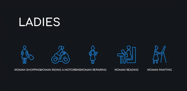 5 körvonal körvonal kék nő festészet, nő olvasás, nő javítása, lovaglás egy motorkerékpár, bevásárló ikonok hölgyek gyűjtemény fekete háttér. vonal szerkeszthető lineáris vékony ikonok. — Stock Vector