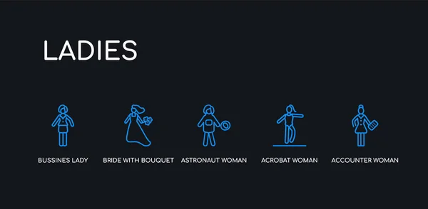 5 umrissene Striche blaue Akrobatin, Akrobatin, Astronautin, Braut mit Strauß, Bussines Damensymbole aus der Damensammlung auf schwarzem Hintergrund. Linie editierbare lineare dünne Symbole. — Stockvektor