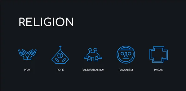 5 outline stroke blue pagan, paganism, pastafarianism, pope, pray icons from religion collection on black background. line editable linear thin icons. Stock Illustration