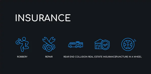 5 umreißen Strich blaue Reifenpanne in einem Rad, Immobilienversicherung, Auffahrunfall, Reparatur, Raub Symbole aus der Versicherungssammlung auf schwarzem Hintergrund. Linie editierbare lineare dünne Symbole. lizenzfreie Stockvektoren