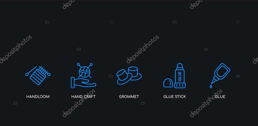 5 outline stroke blue glue, glue stick, grommet, hand craft, handloom icons from sew collection on black background. line editable linear thin icons.