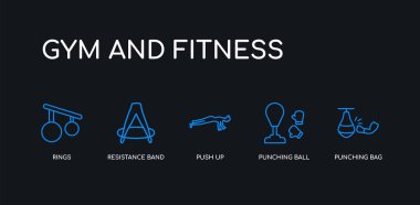 5 anahat vuruş mavi kum torbası, kumlama topu, itme, direnç bandı, siyah arka plan üzerinde spor salonu ve fitness koleksiyonundan halkalar simgeleri. çizgi düzenlenebilir doğrusal ince simgeler.