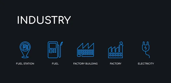 5 Omtreklijn blauwe elektriciteit, fabriek, fabrieksgebouw, brandstof, tankstation iconen uit de industrie collectie op zwarte achtergrond. lijn bewerkbare lineaire dunne pictogrammen. — Stockvector