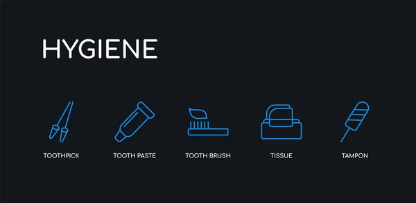 5 contorno del trazo tampón azul, tejido, cepillo de dientes, pasta de dientes, iconos de palillos de dientes de la colección de higiene sobre fondo negro. línea editable lineal delgada iconos . — Vector de stock